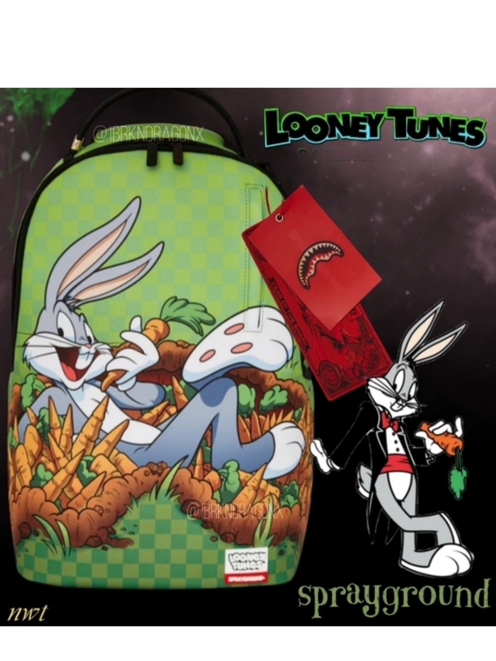 Sprayground Green Forest Checkered Bugs Bunny Backpack  NWT Limited Edition